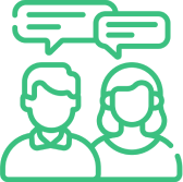 green icon of a two people talking used in association with "advisory" within the Car Wash Sales and Advisory services offering